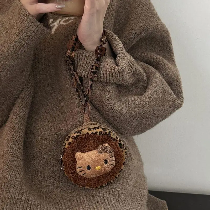 Kawaii Hello Kitty plush doll leopard print coin purse keyhole PP cotton filled cartoon cat mini earphone storage bag gift