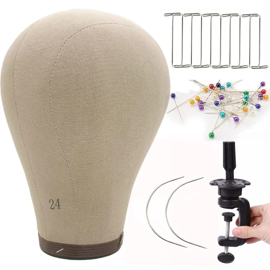 

Cork Canvas Block Wig Head Mannequin for Wigs 24 Inch Styling Stand with Adjustable Clamp and Head Pins Ideal for Wig Making Ki