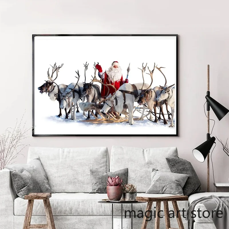 Christmas Holiday Art Posters Santa Claus Snowman with Gifts Aniaml Deer Canvas Painting Wall Prints Pictures Home Decor Cuadros