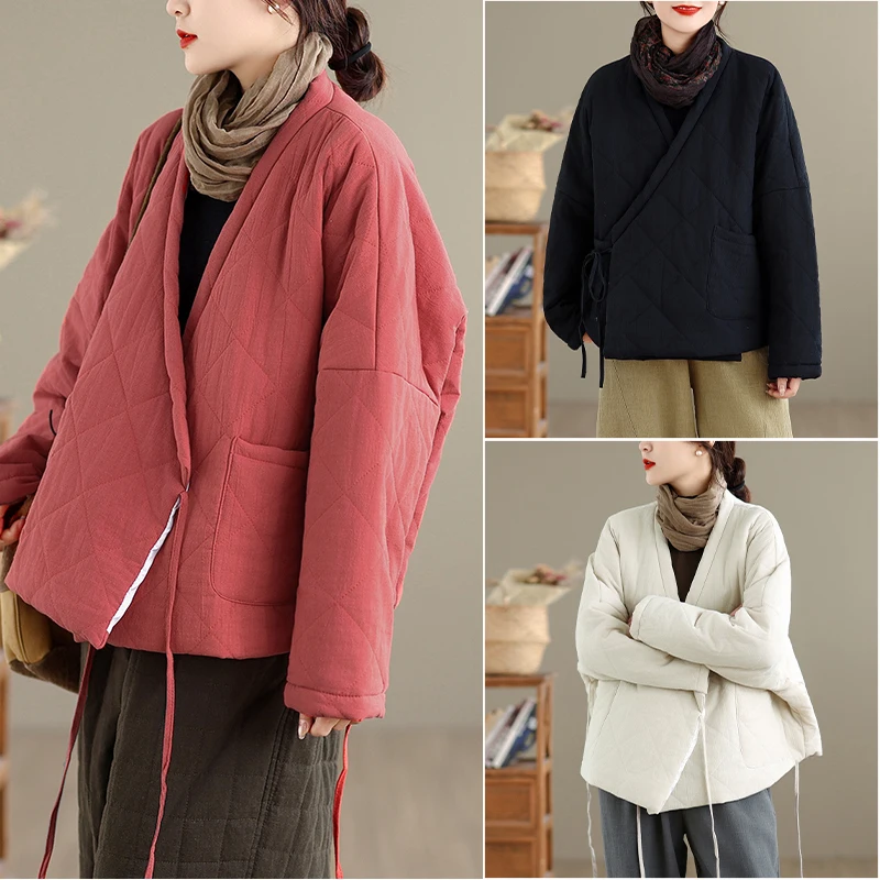 

Women's Cotton Linen Jaet Winter New Sle Original Zen Sle National Faion Oblique Lapel Rope Tied Cotton Outerwear