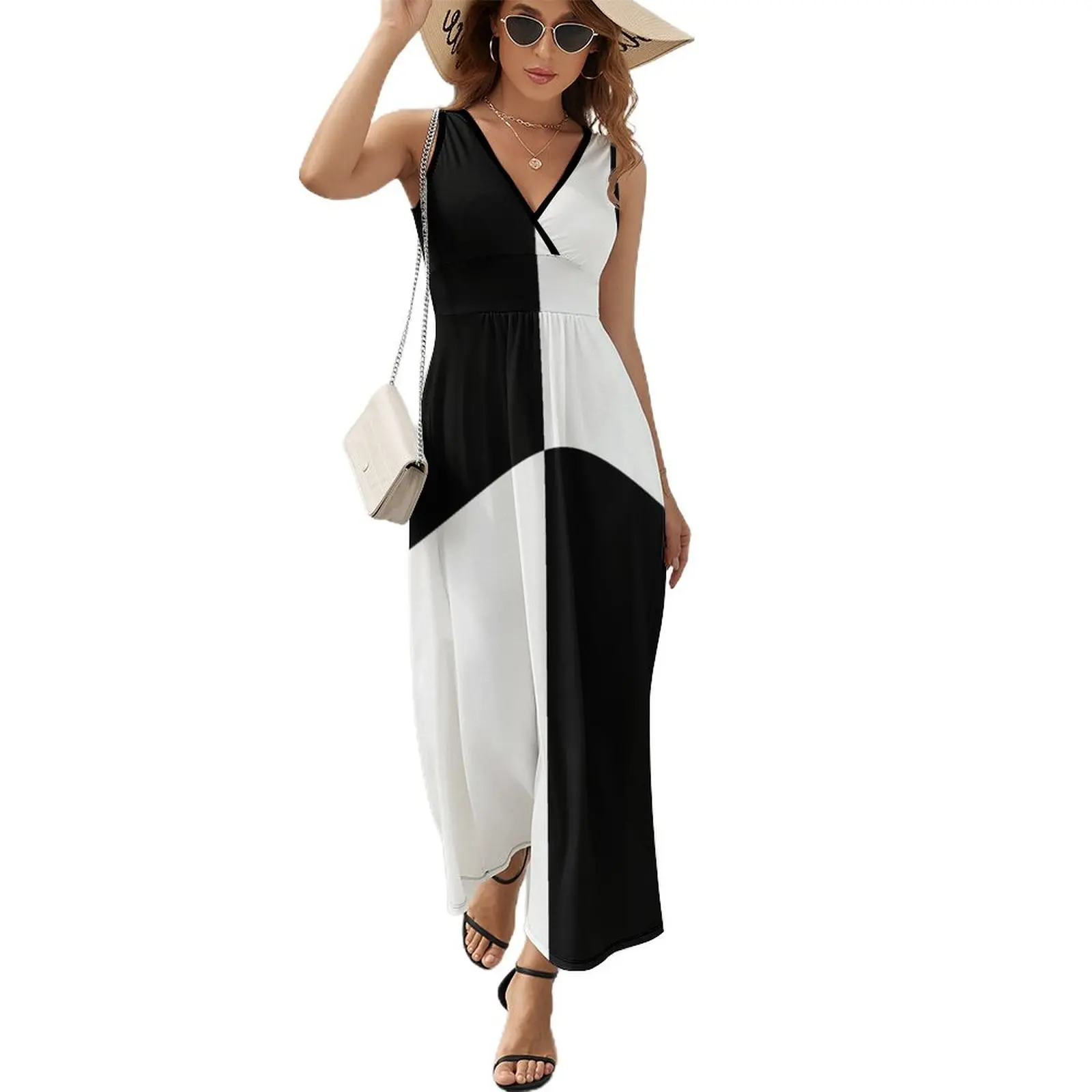 

Black and White Quad Contrast Blocks Sleeveless Dress Summer women's clothing Prom gown