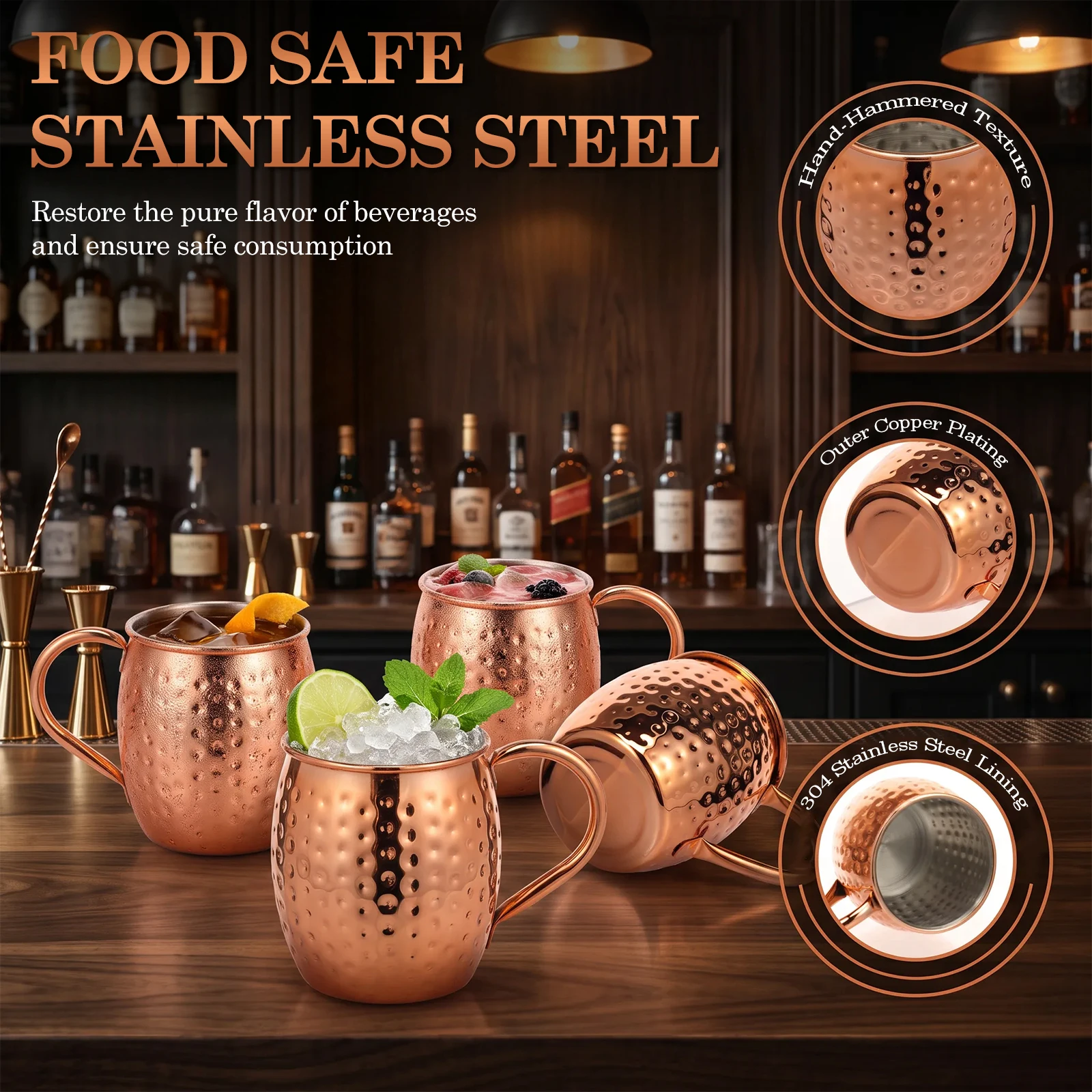 2/4Pcs 14/16 Oz Stainless Steel Moscow Mule Mugs Set Hammered Copper Mule Mugs Copper Plated Moscow Mule Cups for Casual Sipping