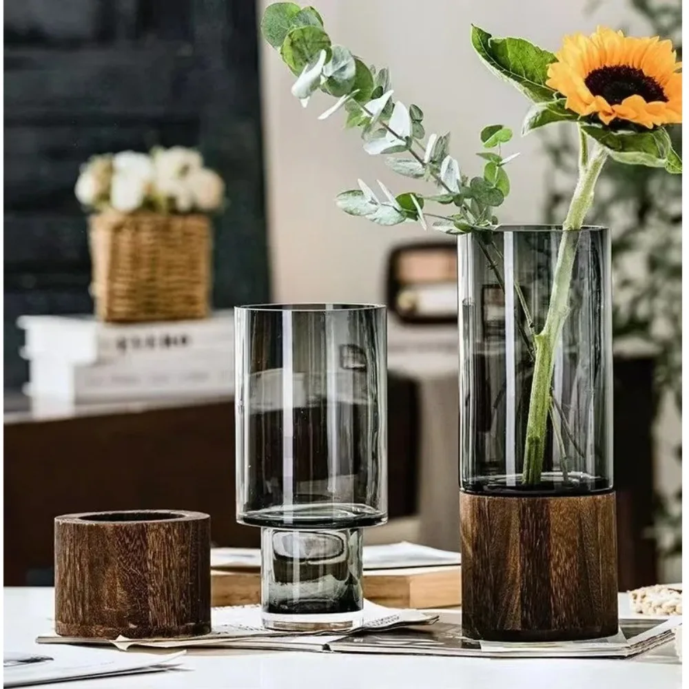 

Wooden Base Glass Vase Striped Thick Transparent Hydroponic Vase Large Capacity Water Nourishing Vase Home Decoration
