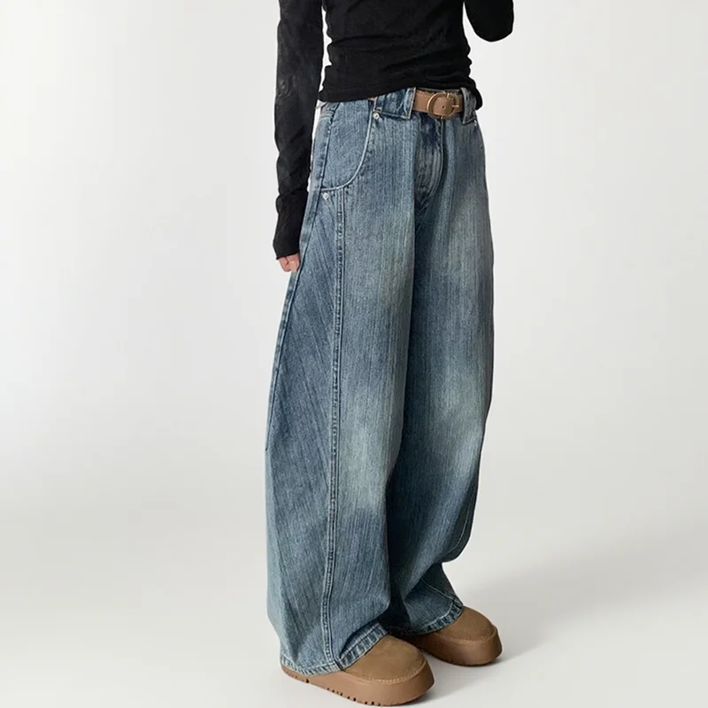 

Осенние джинсы с изогнутыми ножками в стиле ретро, женские джинсы с высокой талией, широкие брюки, японские и корейские повседневные брюки, прямые брюки