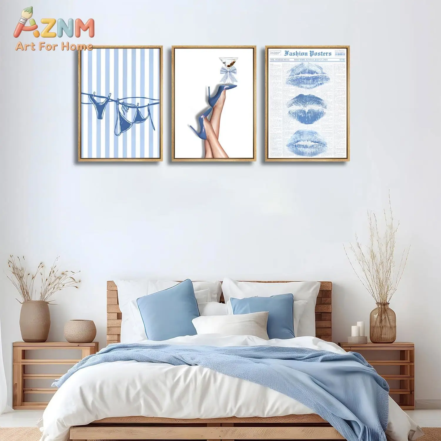3PCS Blue Fashion Canvas Wall Art Set Lingerie on Clothesline High Heels with Martini and Lip Prints Posters Preppy Aesthetic Ne