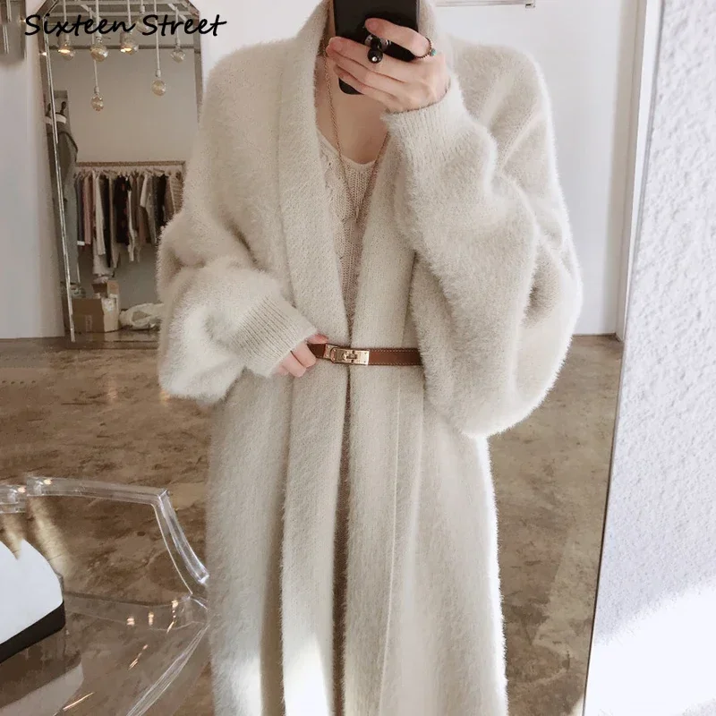 New Women Long Cardigan Fall Mink Cashmere Full-sleeve Oversized Cardigan Dress Woman Keep Warm Winter Woman's Clothing