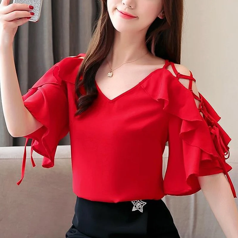 2023 Summer Female Clothing V-neck Red Off Shoulder Hollow Out Tops Women Bandage Ruffles Short Sleeve Fashion Casual T-shirt