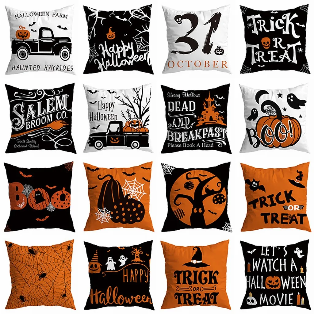 Halloween Pillow Cover Peach Skin Pumpkin Truck Ghost Bat Cushion Cover Decor Throw Pillowcase Home Decor Sofa Couch Decoration