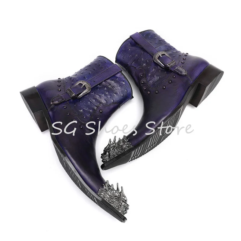 Punk Rivet Belt Buckle Ankle Short Boots Male Party Dress Leather Shoes Fashion Design Metal Lion Head Men's Chelsea Boots view 6