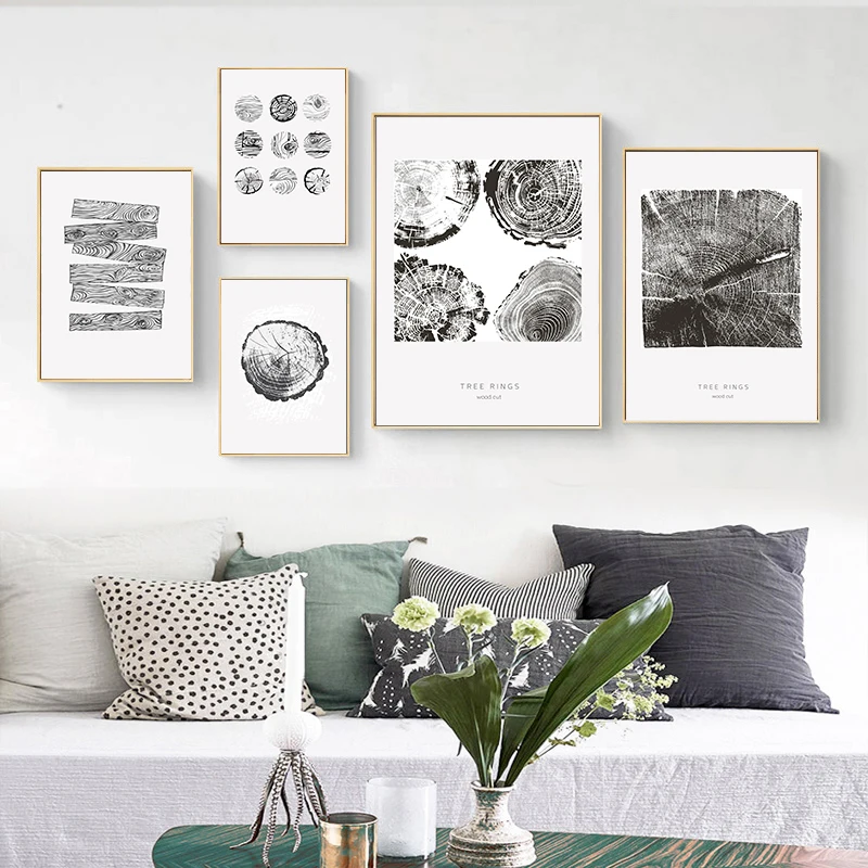 Cincin pohon kanvas potong kayu Poster seni cetak garis abstrak hitam putih gambar dinding dekoratif lukisan Nordic ruang tamu Modern