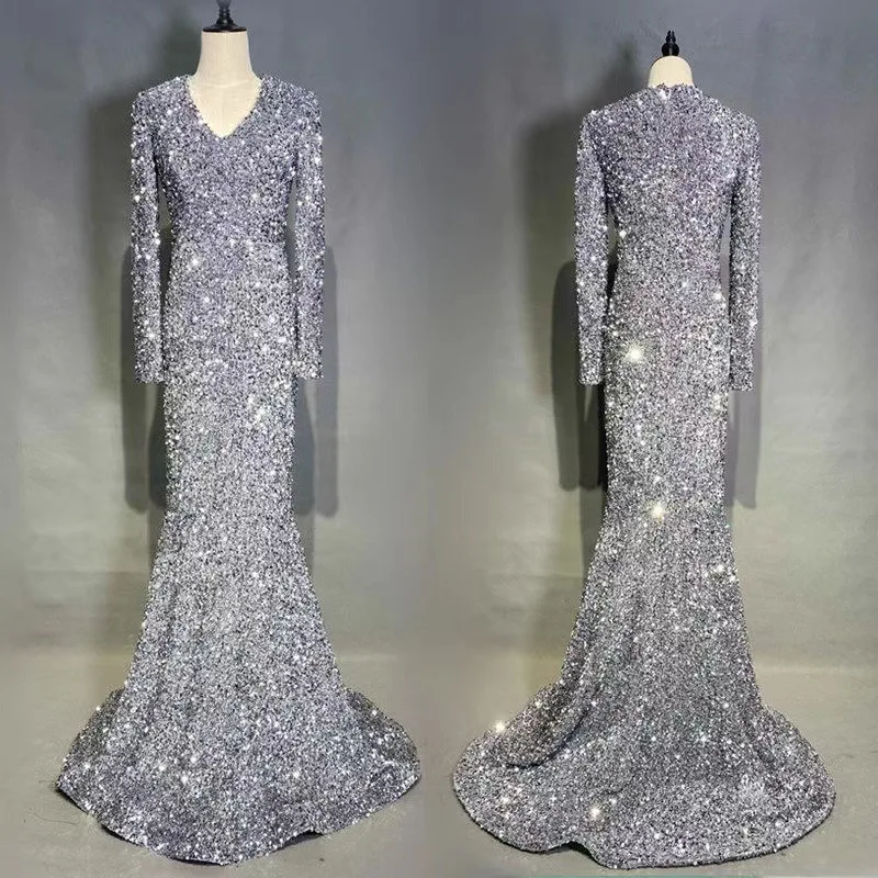 Abito con paillettes con scollo a V a maniche lunghe abiti lunghi da festa abito da sera elegante abiti da donna Trailing Party 2022 vestiti grigi