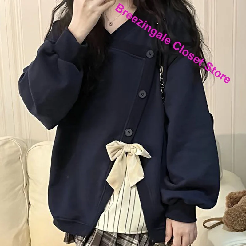 Korean version of advanced sense stitching irregular bow stitching sweater women's spring and autumn new loose slim casual top