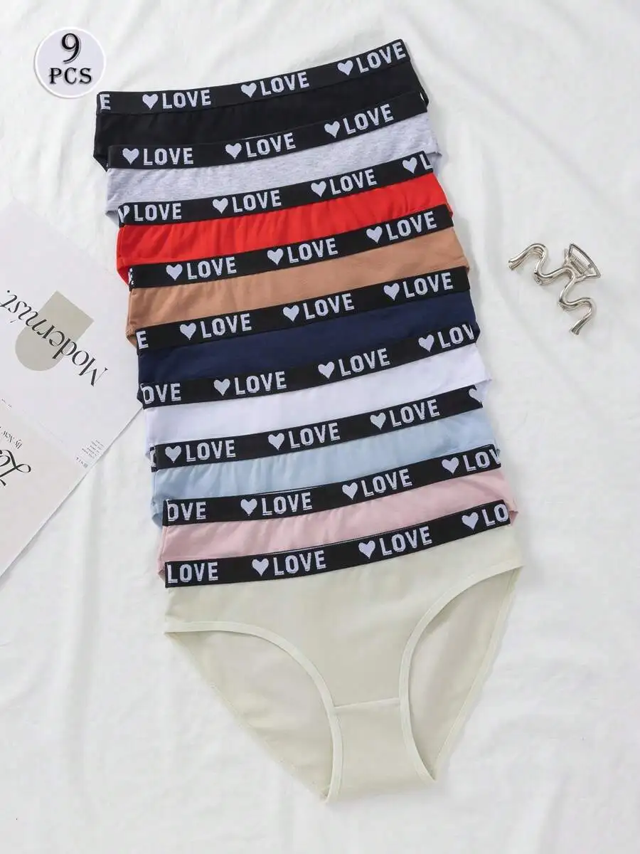 

9 Pack Love Letter Print Briefs Womens Cotton Blend Underwear Set