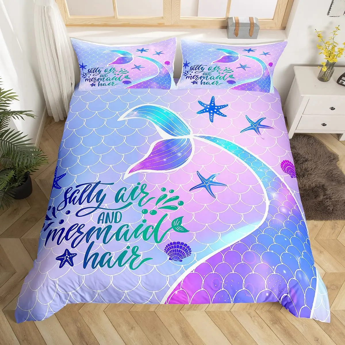 

Mermaid Tail Fish Scale Duvet Cover Girly Shell Starfish Bedding Ocean Life Sea Animal Pastel Purple Princess for Bedroom Decor