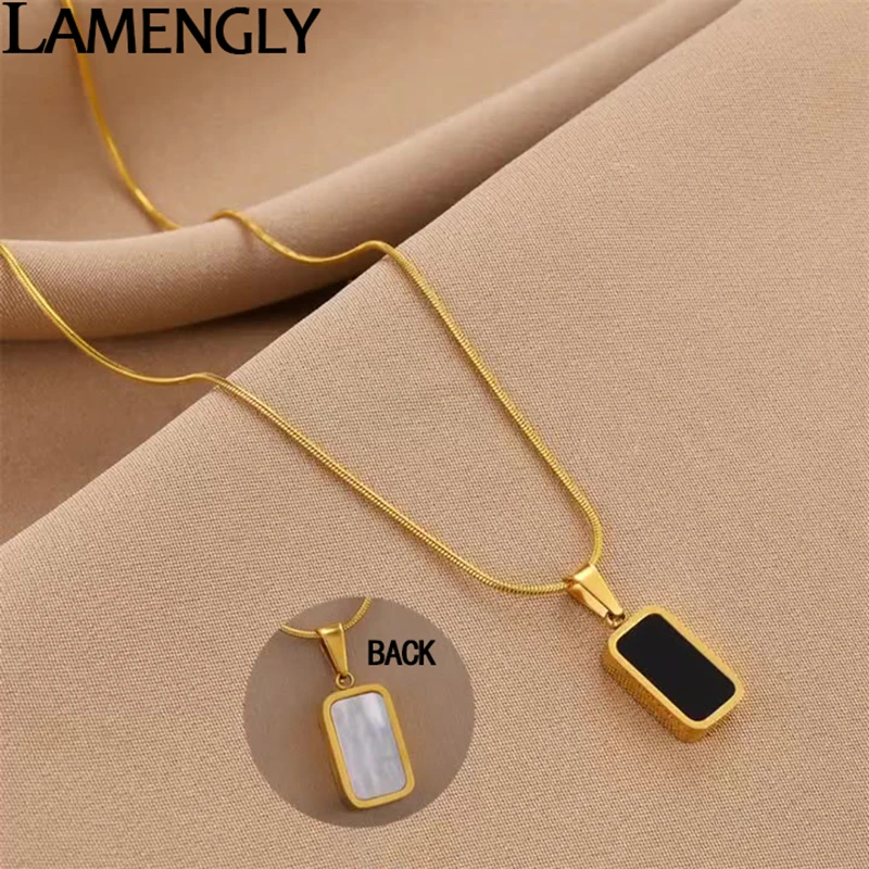 LAMENGLY 316L Stainless Steel Black White Double-Sided Simple Rectangle Pendant Necklace For Women Classic Non-Fading Neck Chain