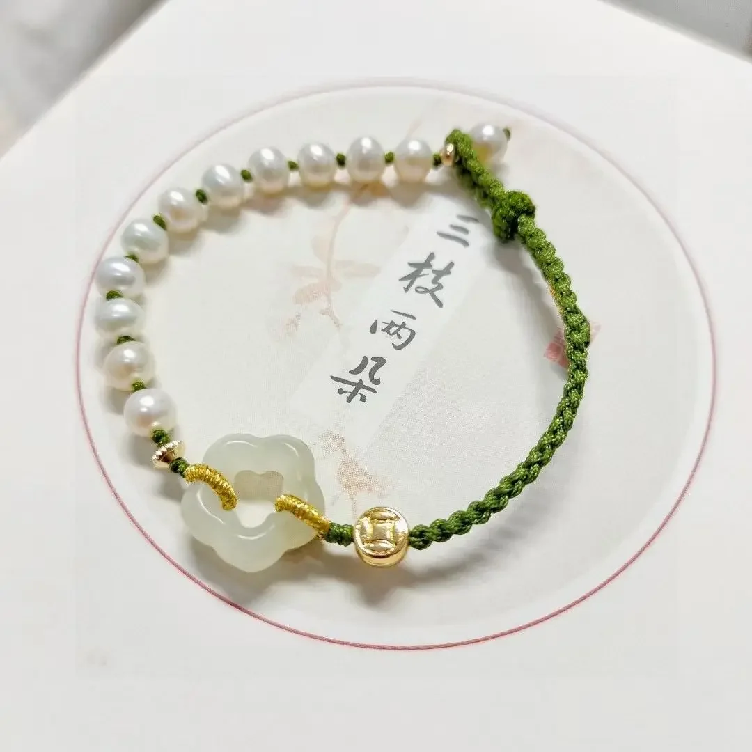 

Mencheese Original Niche Design Pure Natural Pearl Hetian Jade Fresh Hand Weaving Bracelet Gift for Bestie