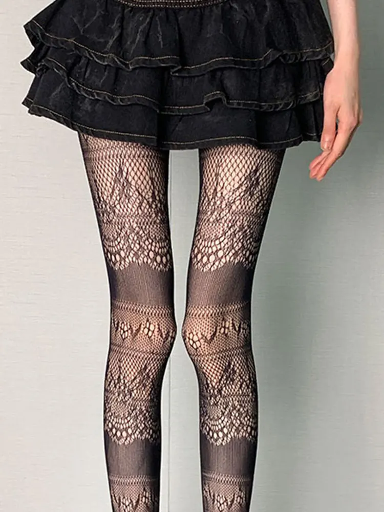 Women's Black Patchwork Fishnet Tights High Waist Stretch Pantyhose Irregular Lace Hollow Out Stockings Festival Party Clubwear