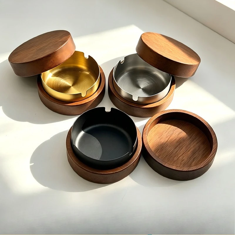 Windproof Smoke Proof Ashtray Retro Walnut Wooden Ashtray With Lid Stainless Steel Cigarette Box Cigar Box Home Decoration Box