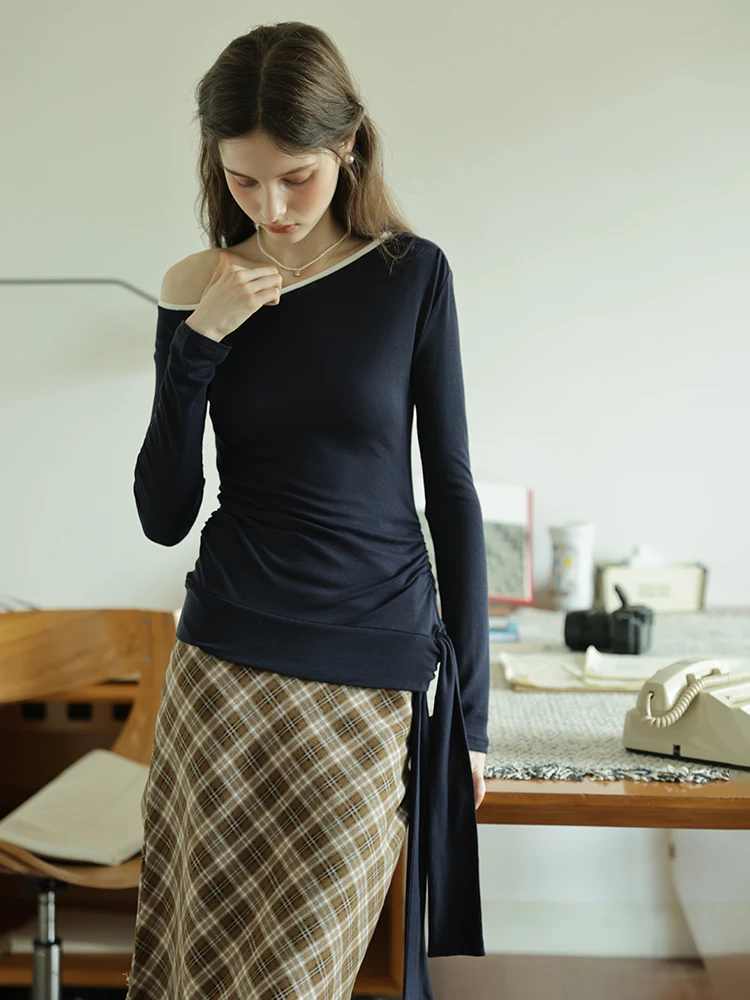 

Loose Sle Women's Long Sve T-irt in k Blue with Dstring And Gathered Waist Elastic Fiber Blend Comfortable Sprin...