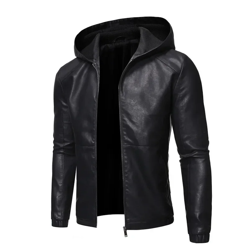 

2023 Autumn/Winter New Leather Fashion Solid Color Slim Fit Large Men's Hooded Leather Coat