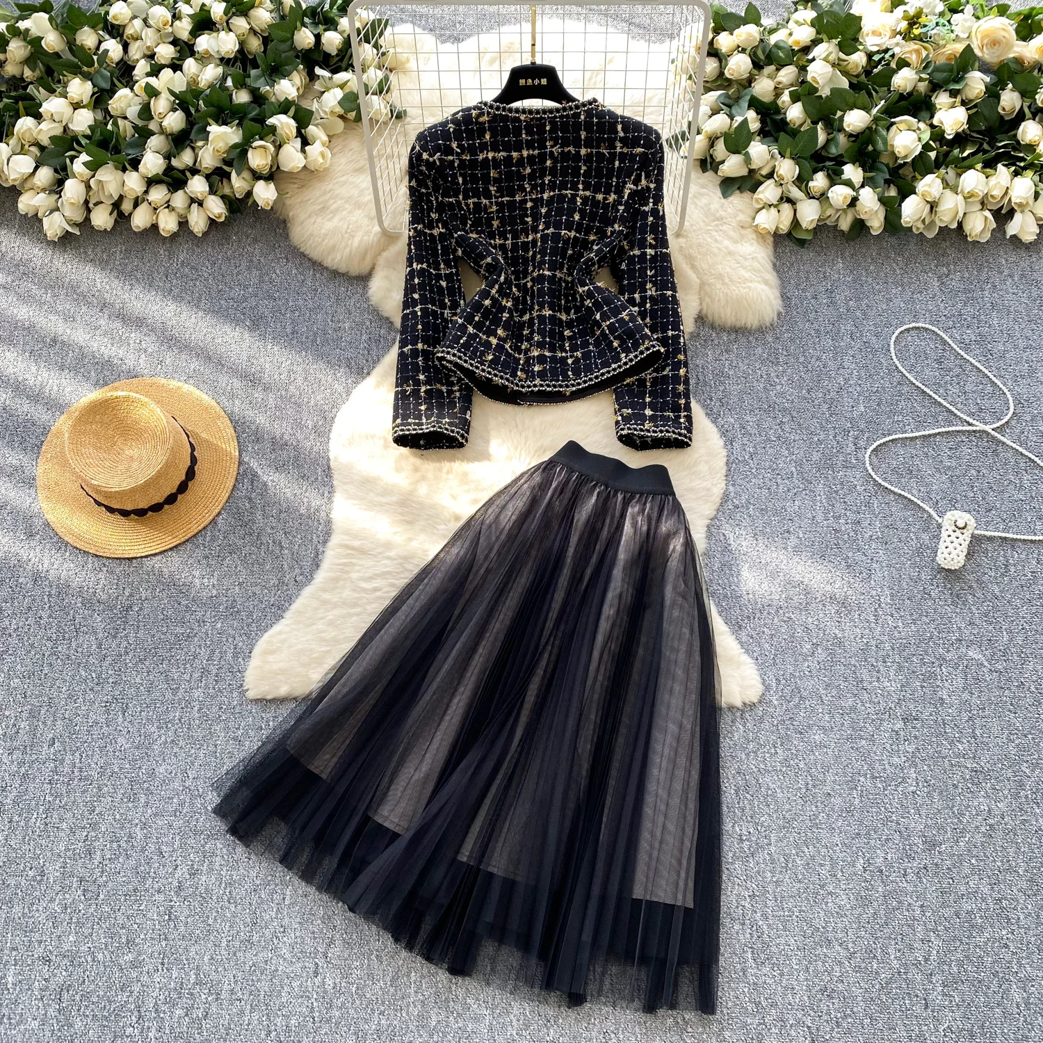Chic Women Two-Piece Sets long sleeve mesh Top High Waist  Skirt High Street fairycore Clothing image 2