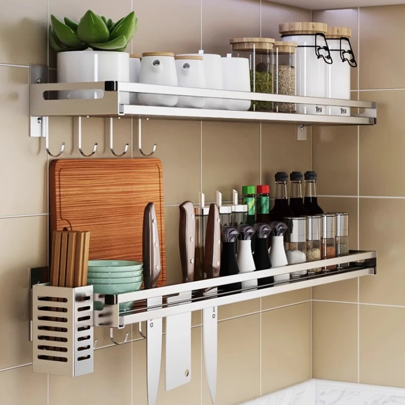 

Stainless Steel Spice Rack Wall Mounted Kitchen Organizer No Drill Condiment Shelf Space Saving Seasoning Holder for Oil Salt
