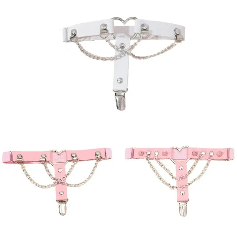 

2Pcs Women Punk PU Leather Heart Leg Garter Belt with Clip and Metal Chain Elastic Rivets Studded Thigh Garter