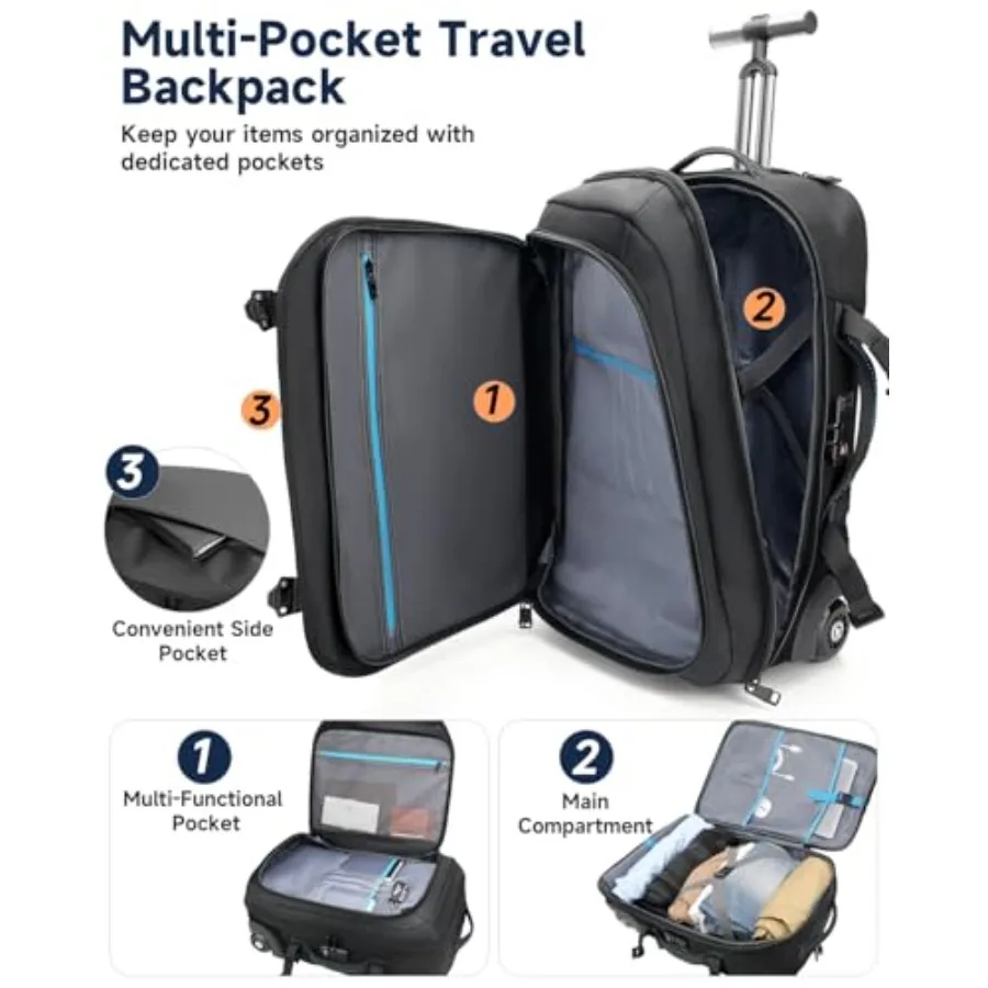 Mochila para laptop rolante 2 em 1, mochila de mão com rodas, resistente à água, mala de mão com 2 cubos de embalagem TSA grande T