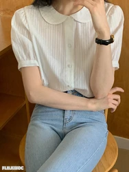 Chic Korea Cute Peter Pan Collar Tops Blusas Women Japan Girls Style Short Sleeve Vintage Single Breasted Button White Shirts