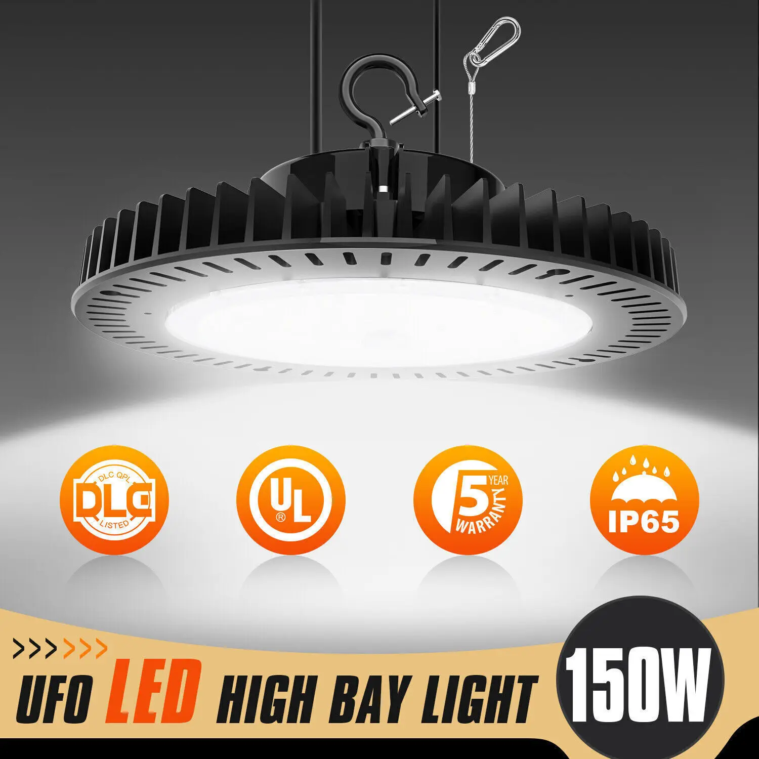 

150W UFO LED High Bay Light 21750LM (600W MH/HPS Replacement) 0-10V Dimmable High Bay LED Shop Lights UL DLC Listed AC100-277V