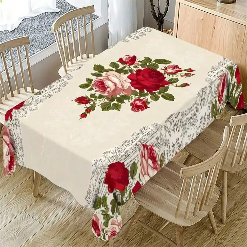 

Элегантная скатерть с принтом роз и кружевной отделкой для декора обеденного стола
