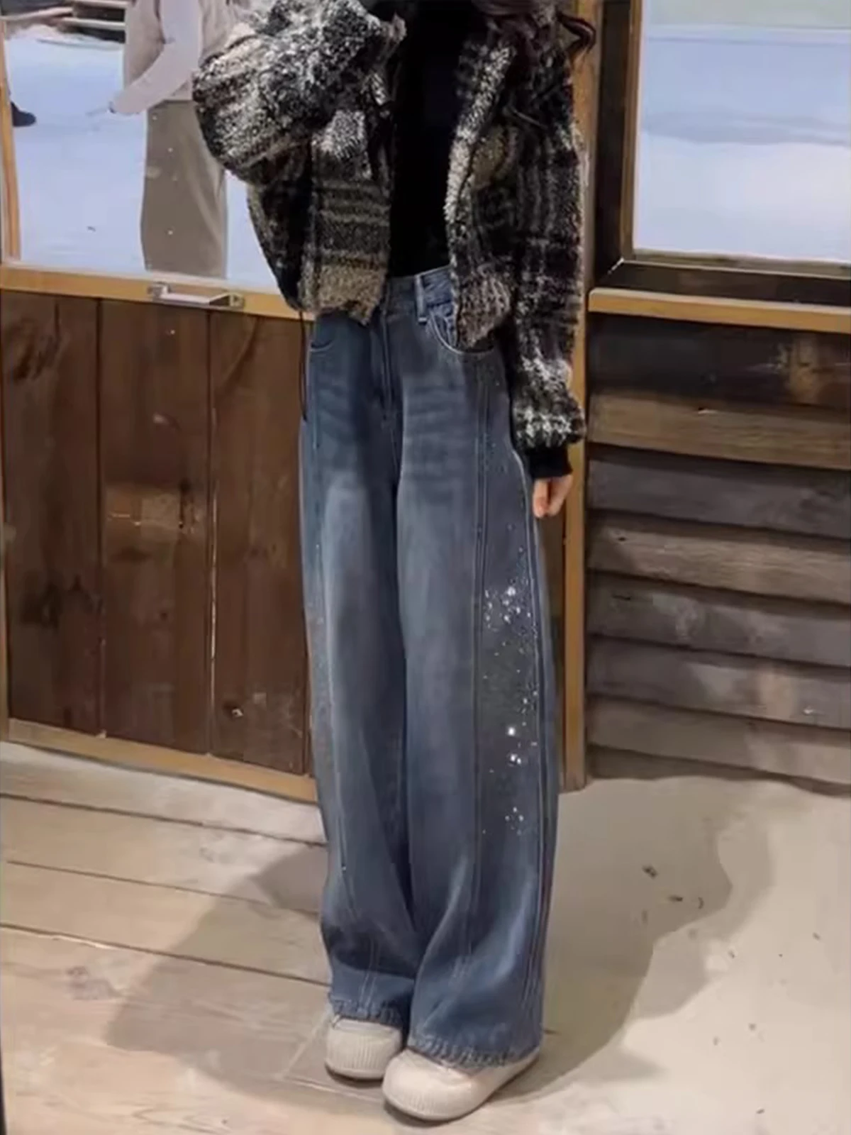 

Женские джинсы с высокой талией и расклешенными штанинами, весна-осень 2026, новые, драпирующиеся, стройнящие, на флисовой подкладке, утепленные, длинные брюки