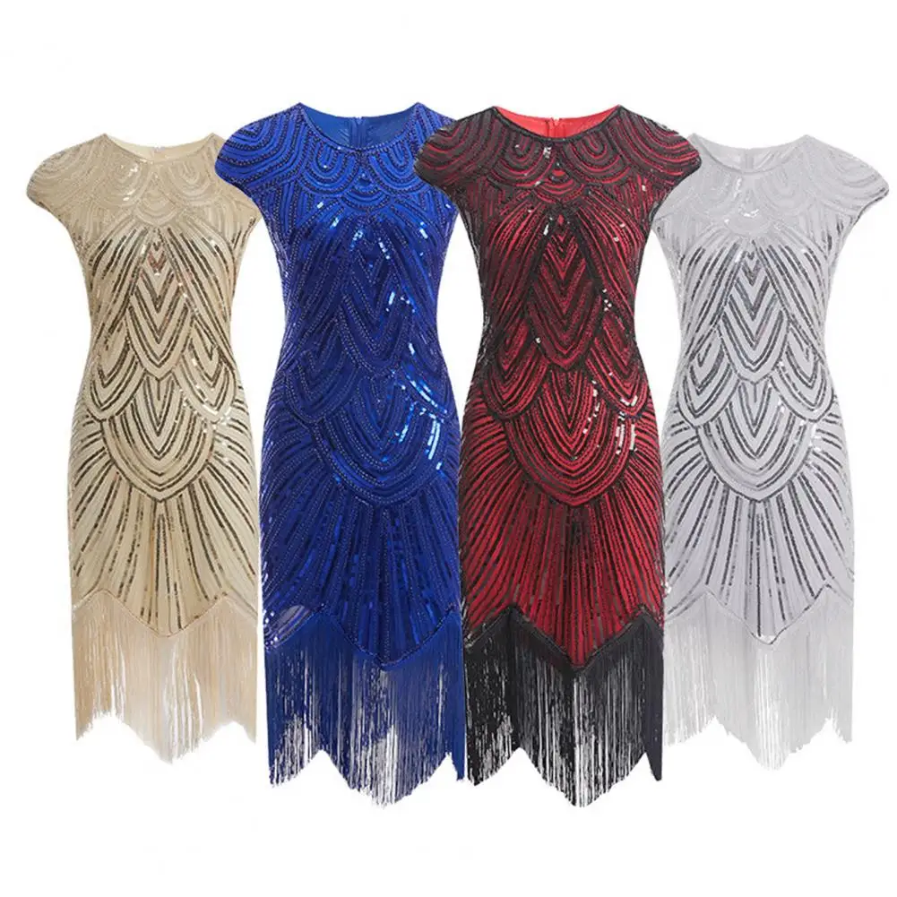 

Women Sequin Dress Vintage Fringed Hem Sheath Sleeveless Long Dress Wedding Party Evening Dress Mid-calf Length Lady Dresses