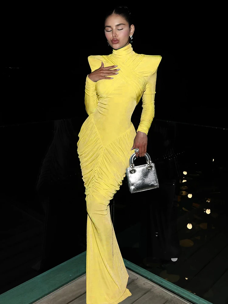 Kliou Ruched فستان طويل أنيق امرأة الياقة المدورة عارية الذراعين كم كامل نحيل عالية الخصر منتصف الليل حفلة موسيقية مثير موضة Bodycon