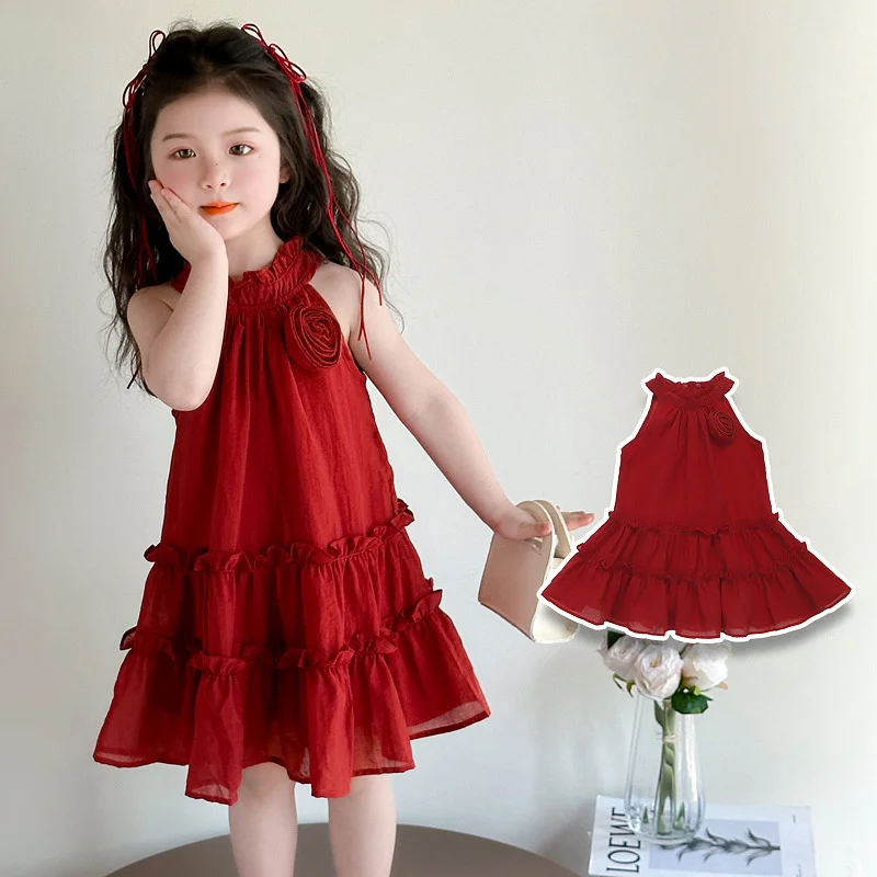 Kids Elegance Dresses Girls 3D Flower O-Neck Sleeveless Skirt Children Gentle Birthday Party Performance Gown 2-8 Years Old
