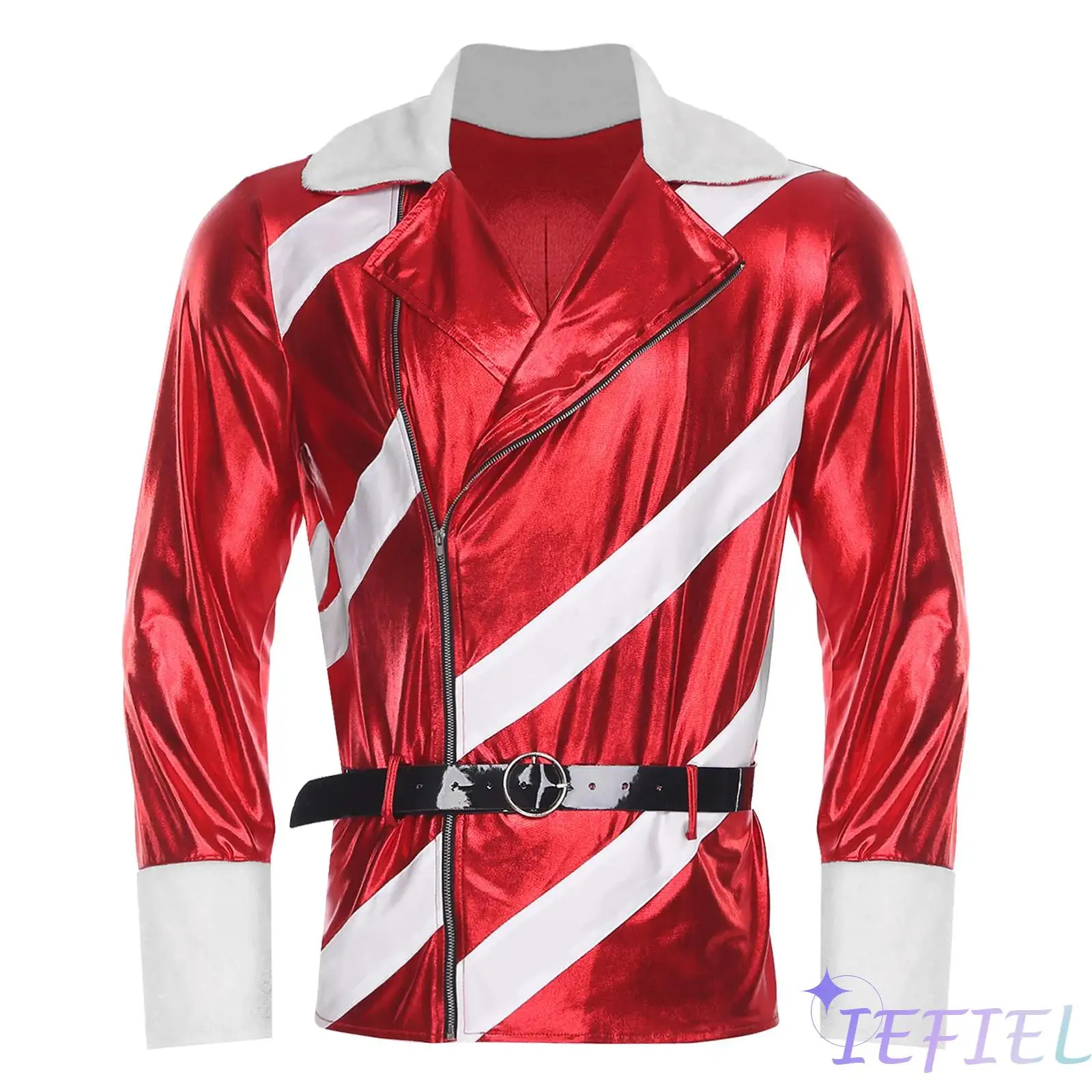

Men's Christmas Santa Claus Costume Notched Collar Long Sleeve Zipper Striped Jacket Metallic Coat with Adjustable Faux Leather
