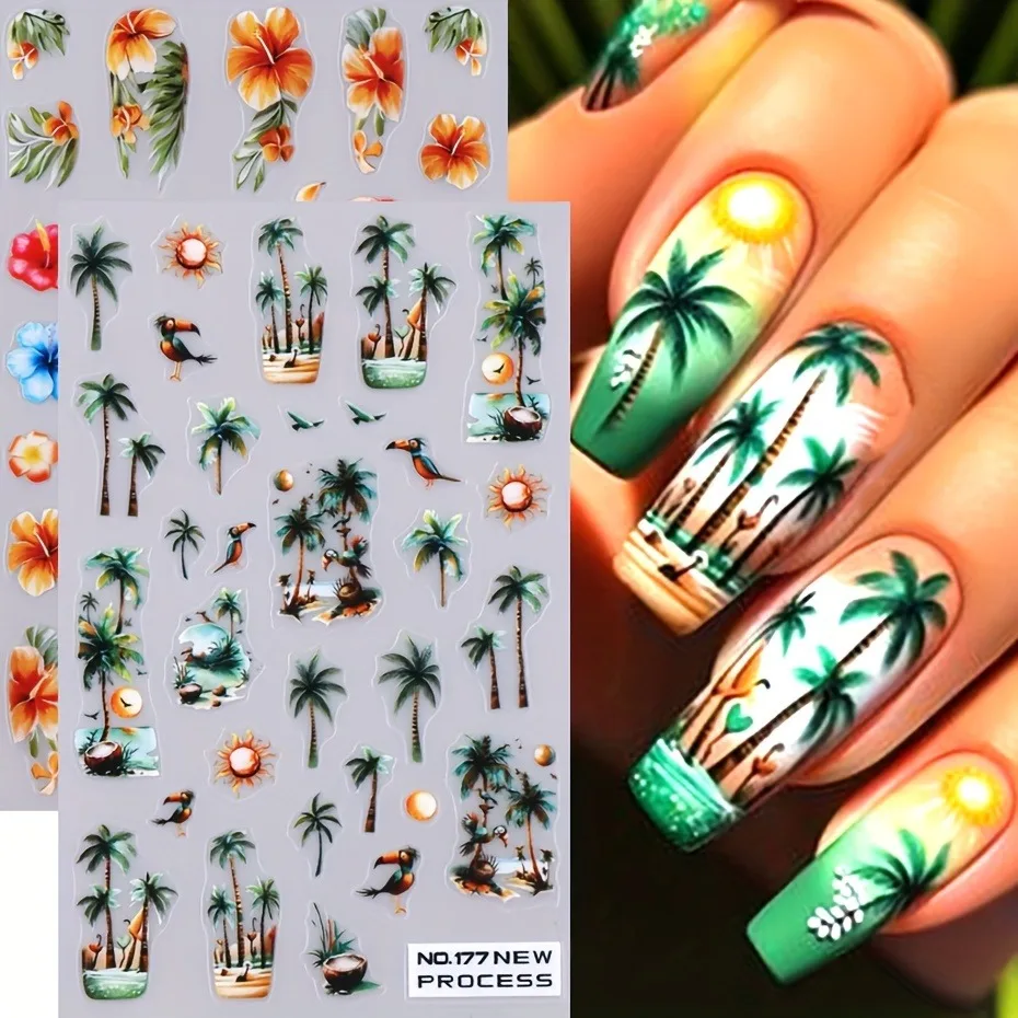  2PCS Palm tree flamingo relief nail stickers, easy to apply for DIY nail decoration, gifts, party and wedding makeup styling