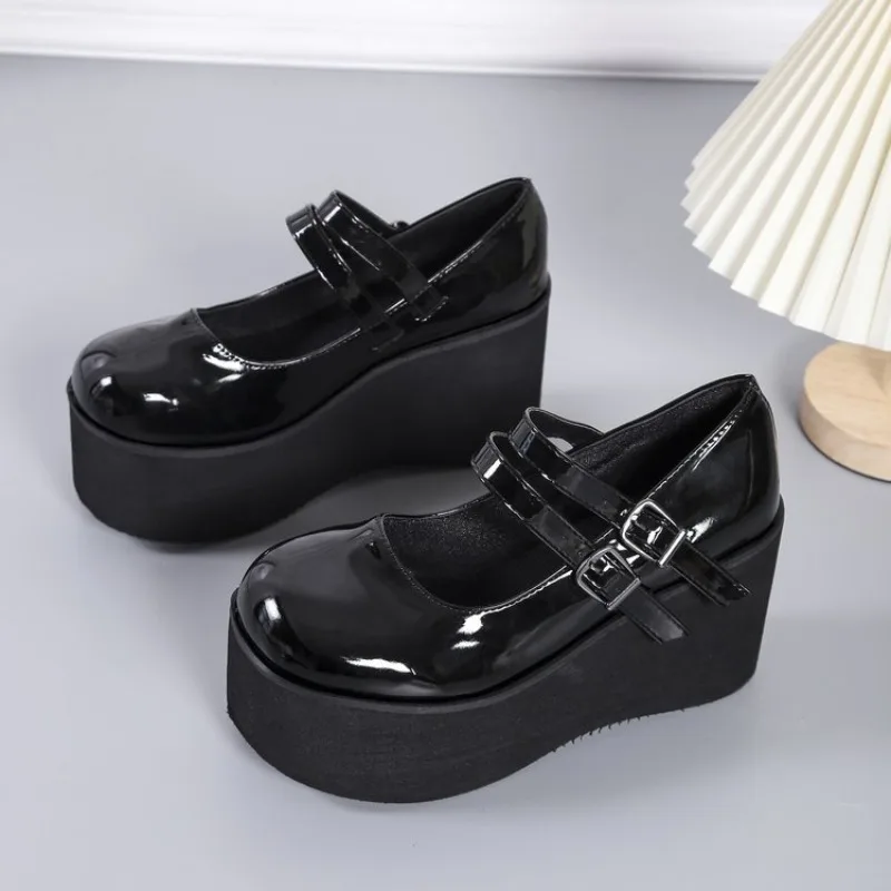 Comemore Retro Round Head Patent Leather Large Size 43 Mary Jane Shoes 2024 Spring New Shallow Mouth Women\'s Shoe Platform Pumps