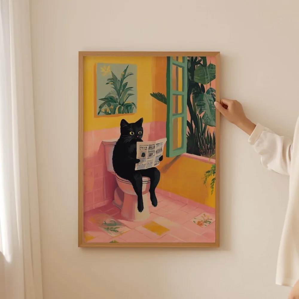 Lustige Toiletten-Katzen-Leinwanddrucke Poster Japanische Dopamin-Ästhetik für Katzenliebhaber Badezimmer Waschraum Heim-Dekor Kunstposter Geschenk
