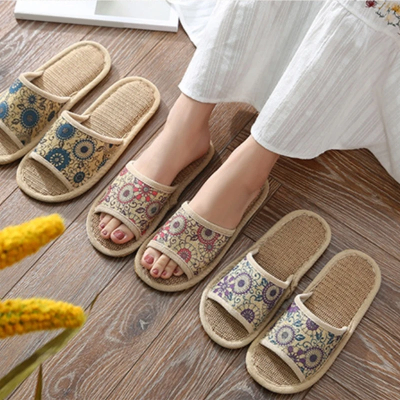 

Дышащие летние тапочки, нескользящая домашняя обувь с открытым носком, легкие удобные хлопковые льняные сандалии для женщин
