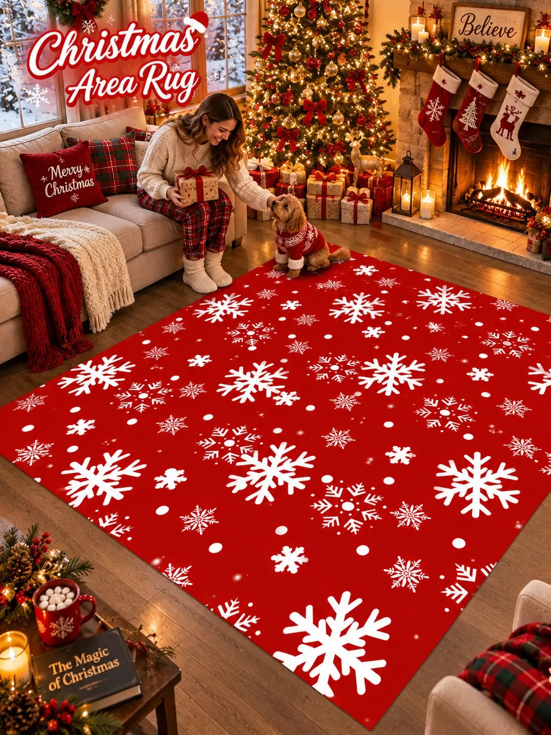 Christmas Rug Snowflakes Living Room Bedroom Study Entryway Floor Carpet Gift for Parents Grandparents Friends Winter Thanksgiving Birthday Anniversary Housewarming Apartment Cabin Farmhouse Home Styling Sofa Side Reading Nook Holiday Gathering