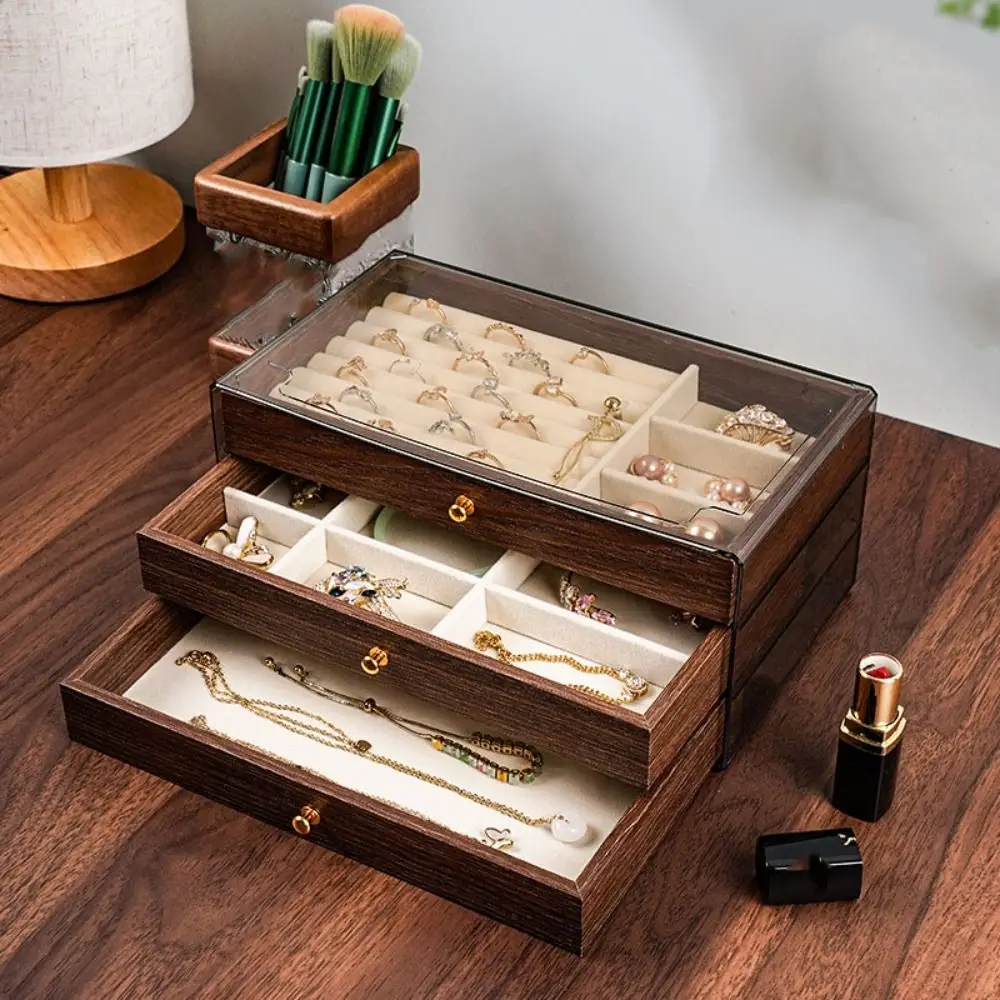 

Multi-layer Wooden Jewelry Box Transparent Window Rings Necklace Jewelry Storage Case Organizer Large Capacity Jewelry Holder