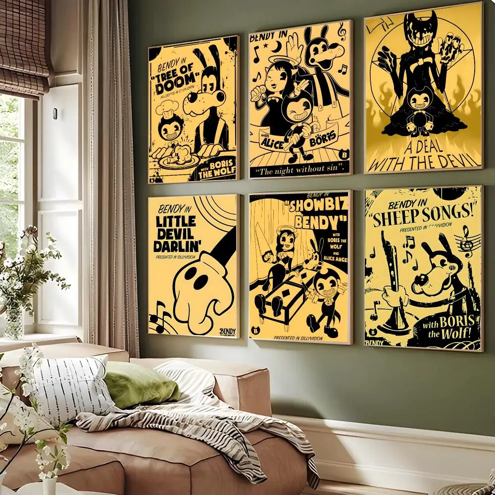 Bendy And The Ink Machine Game Retro Poster Waterproof Sticky Wall Art Print For Bedroom Living Room Hallway Bar Home Decor