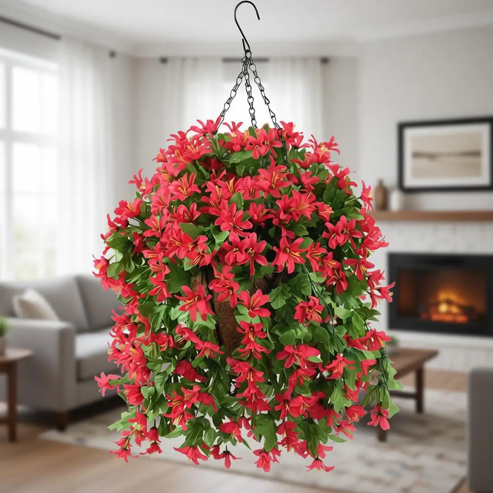 

UV-Resistant Artificial Hanging Violet Flowers for Outdoor Porch, Patio, and Garden Decor (Red)