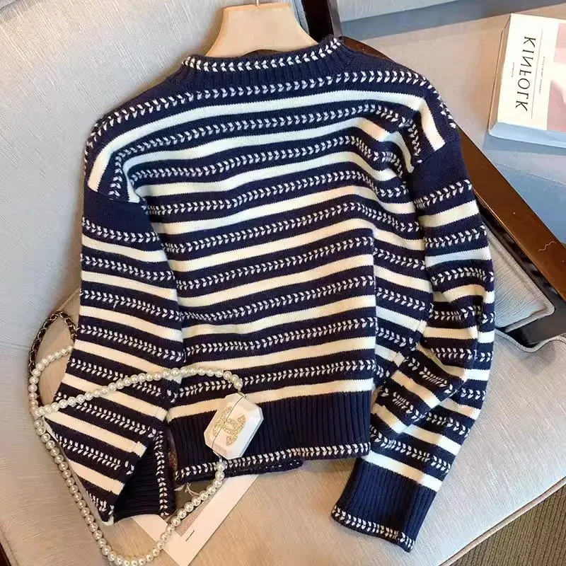 محبوك المرأة سترة البلوزات مخطط لاعبا واحدة الصدر طويلة الأكمام الياقة المستديرة فضفاضة تناسب عادية 2025 الخريف الشتاء