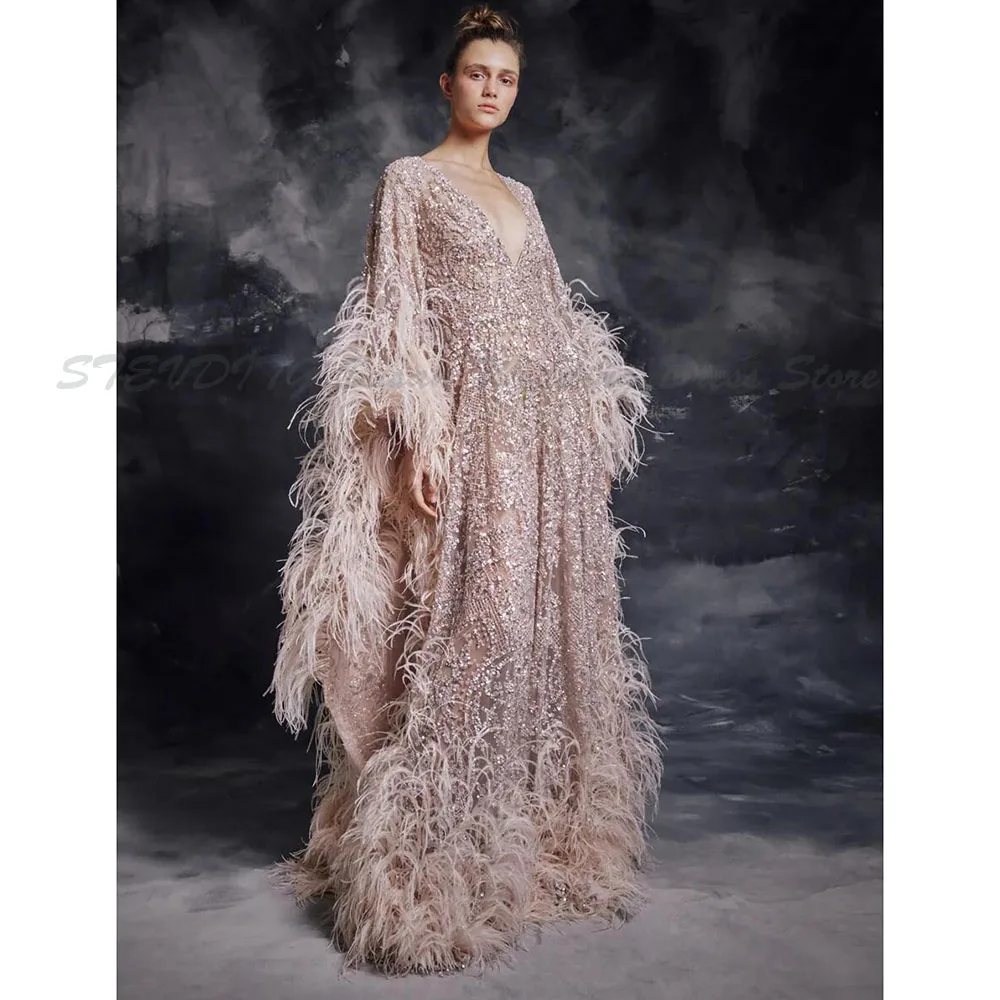 Modesto Krikor Jabotian elegante cuello en V manga larga una línea vestidos de noche lentejuelas encaje pluma vestidos formales barrido tren fiesta