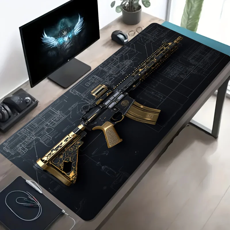 Black and Gold Rifle Blueprint Extended Gaming Mouse Pad Durable Desk Mat for PC Office Setup Gift
