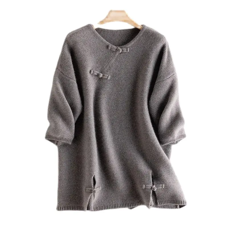 BirdTree,100%Pure Cashmere Elegant Sweaters, Women 3/4 Sleeve O Neck, Loose Retro Commute Sweater, 2024 Fall Winter T478130QC