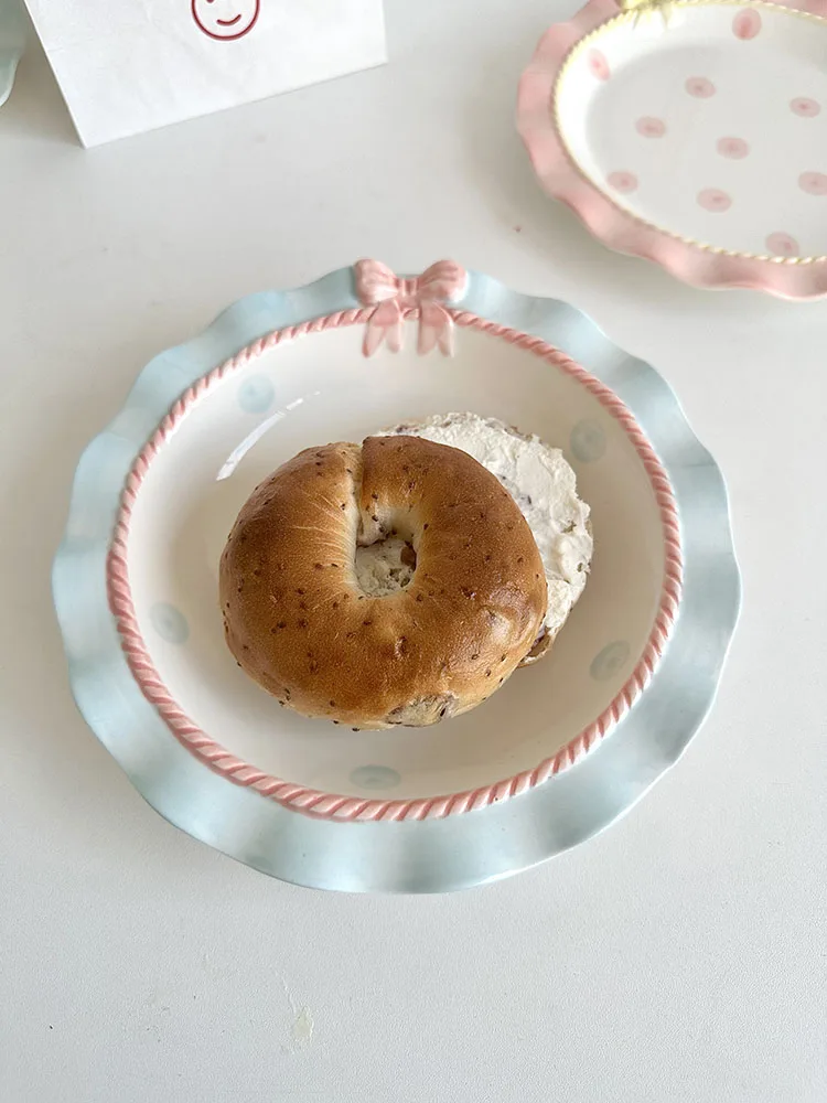 

Korean Style Sweet Girl Dessert Plate Wave Edge Bow Relief Breakfast Bread Flat Plates Cafe Afternoon Tea Dim Sum Cake Deep Dish