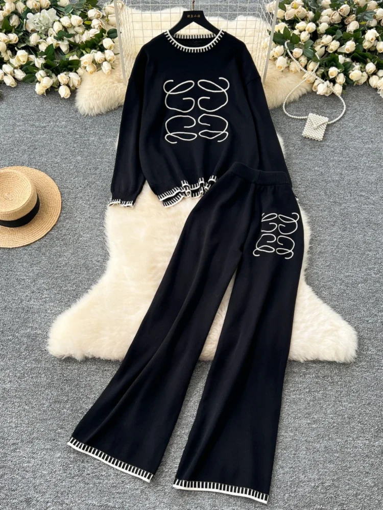 Autumn Winter Knitted Two Piece Set Women Round Neck Long Sleeve Sweater+high Waist Wide Leg Slim Pants Casual Tracksuits